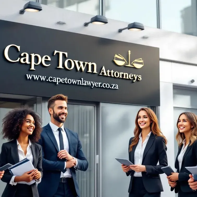 Lawyers gathered outside a building with sign - Cape Town Attorneys - www.capetownlawyer.co.za