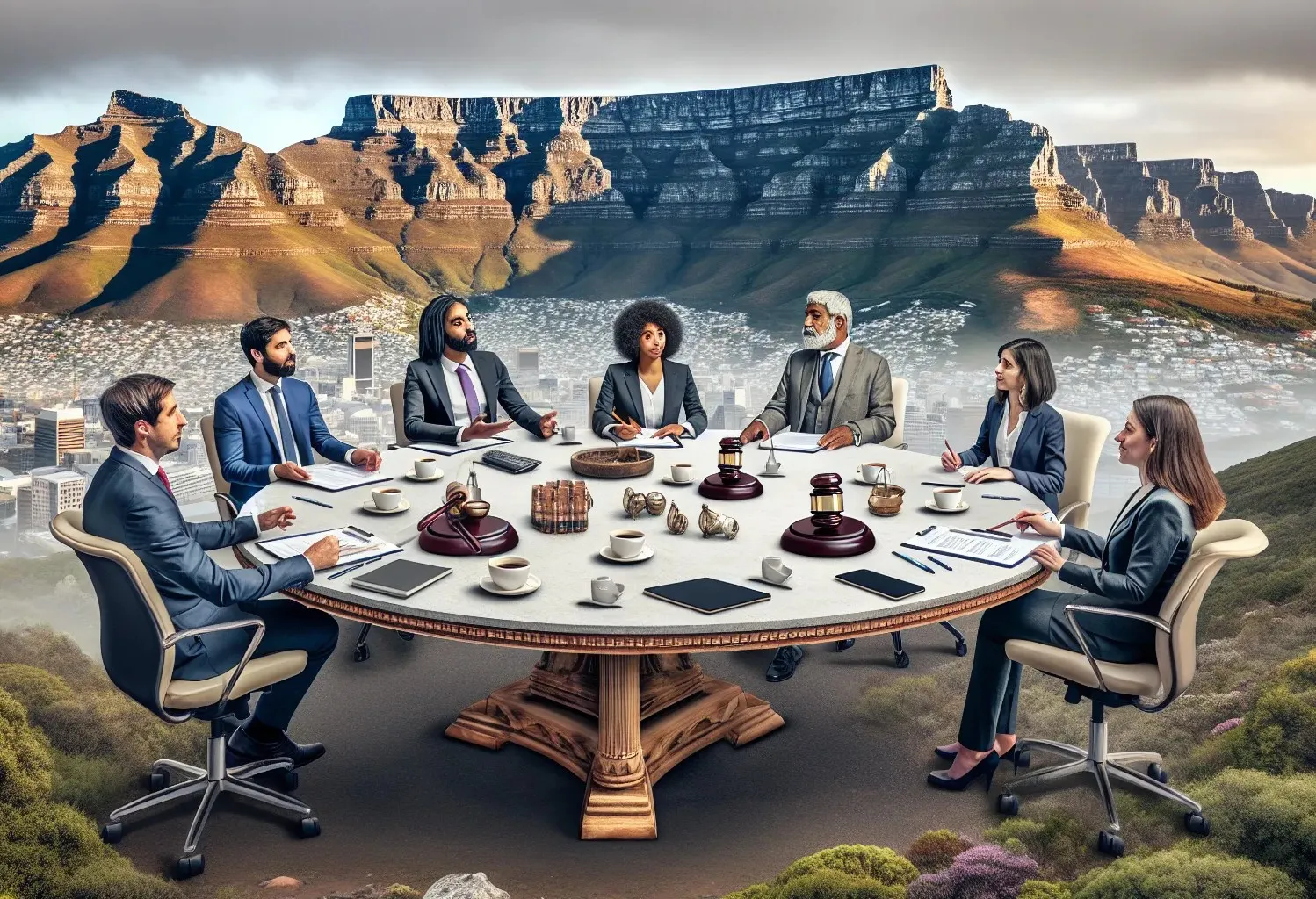 Attorneys sitting around an outdoor table with Table Mountain in the background