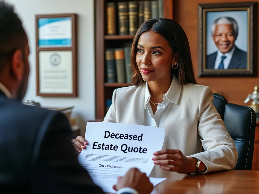 Estate lawyer presenting a quotation for a deceased estate with portrait of Mandela on wall