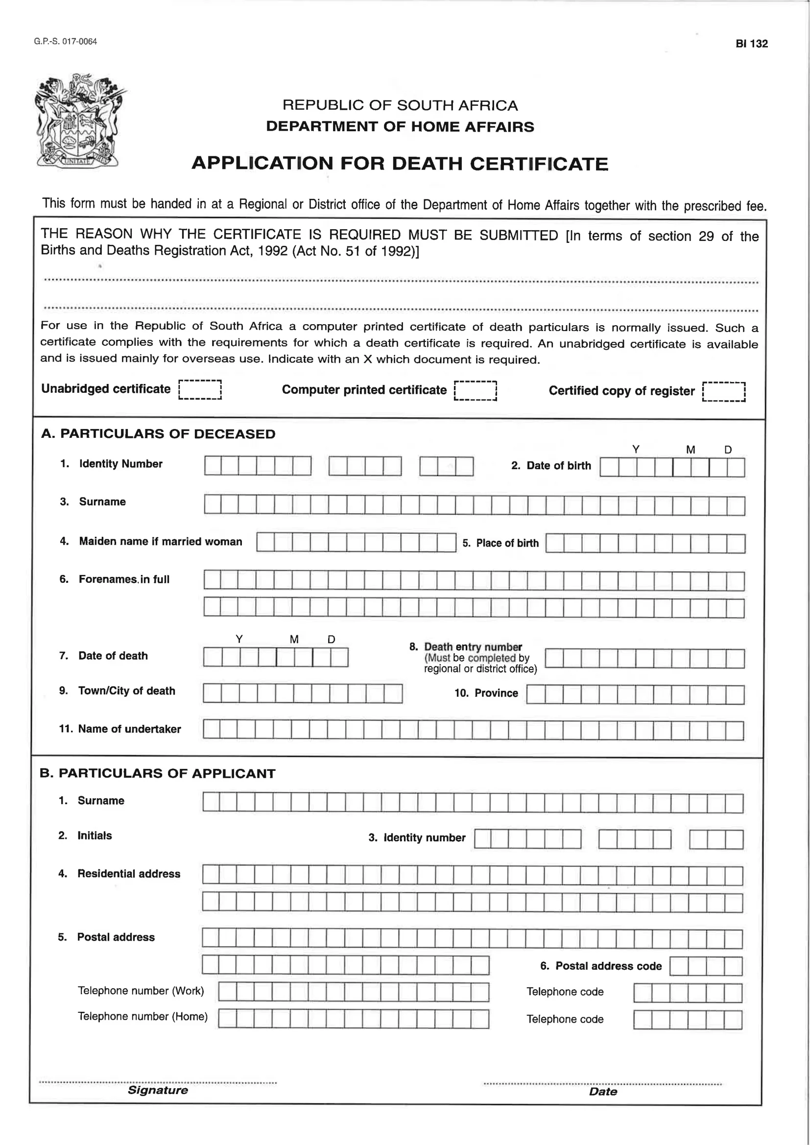 Application for death certificate form DHA132