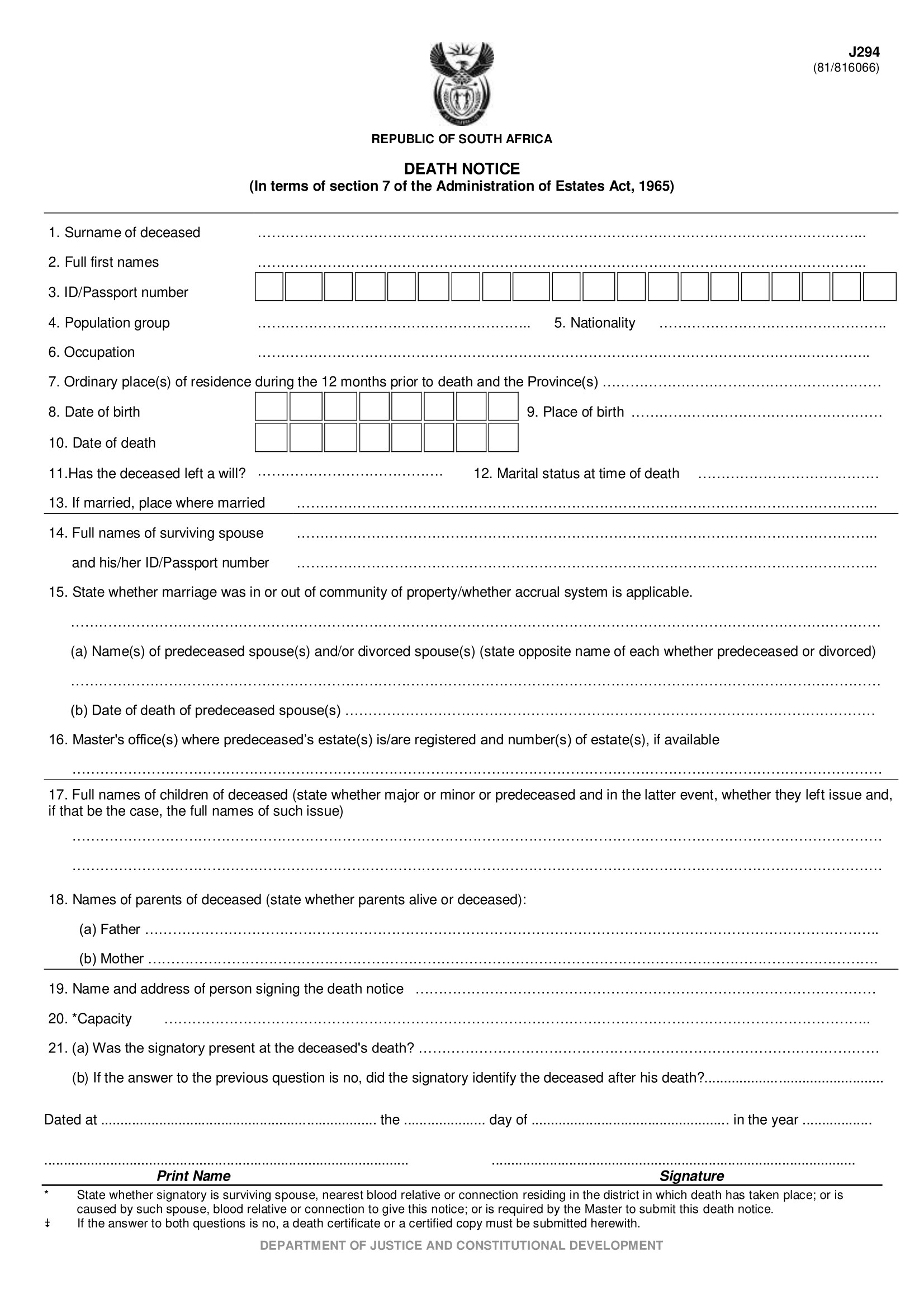 J294 Form - Death Notice