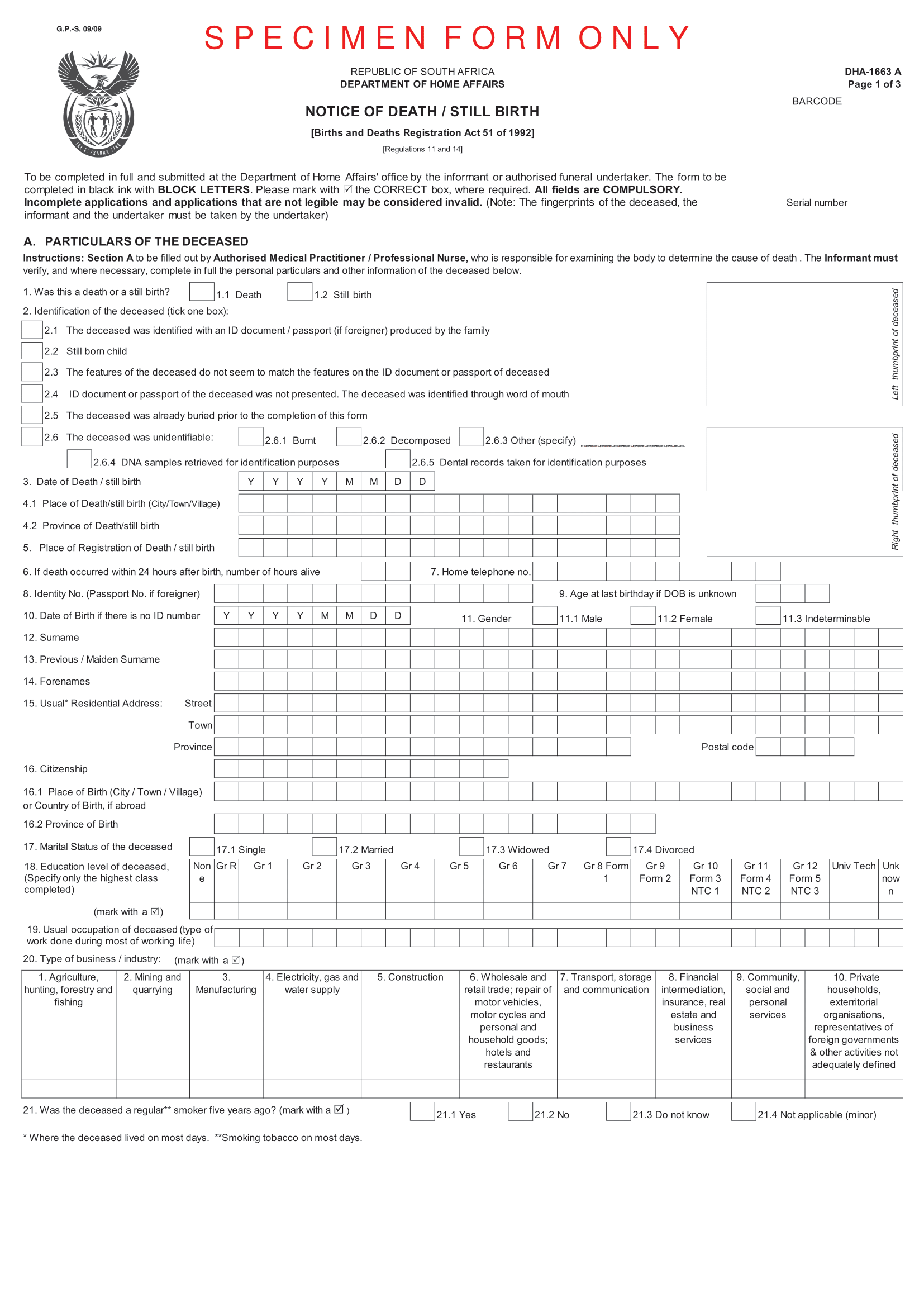 Page 1 of Notification of death form DHA1663