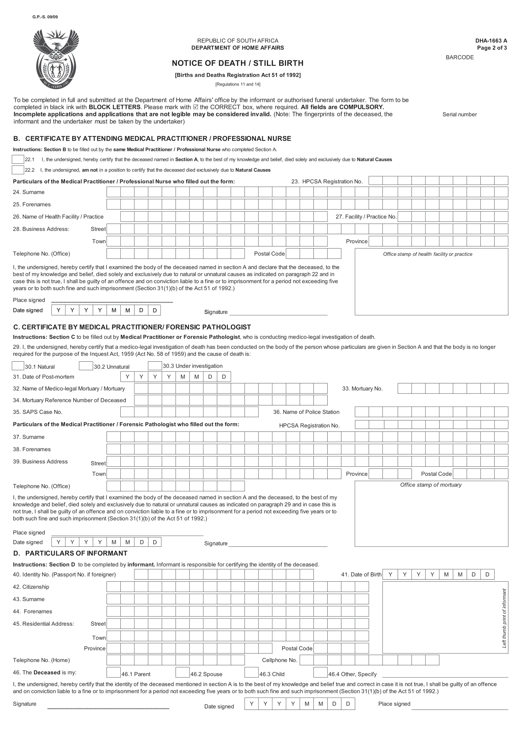 Page 2 of Notification of death form DHA1663