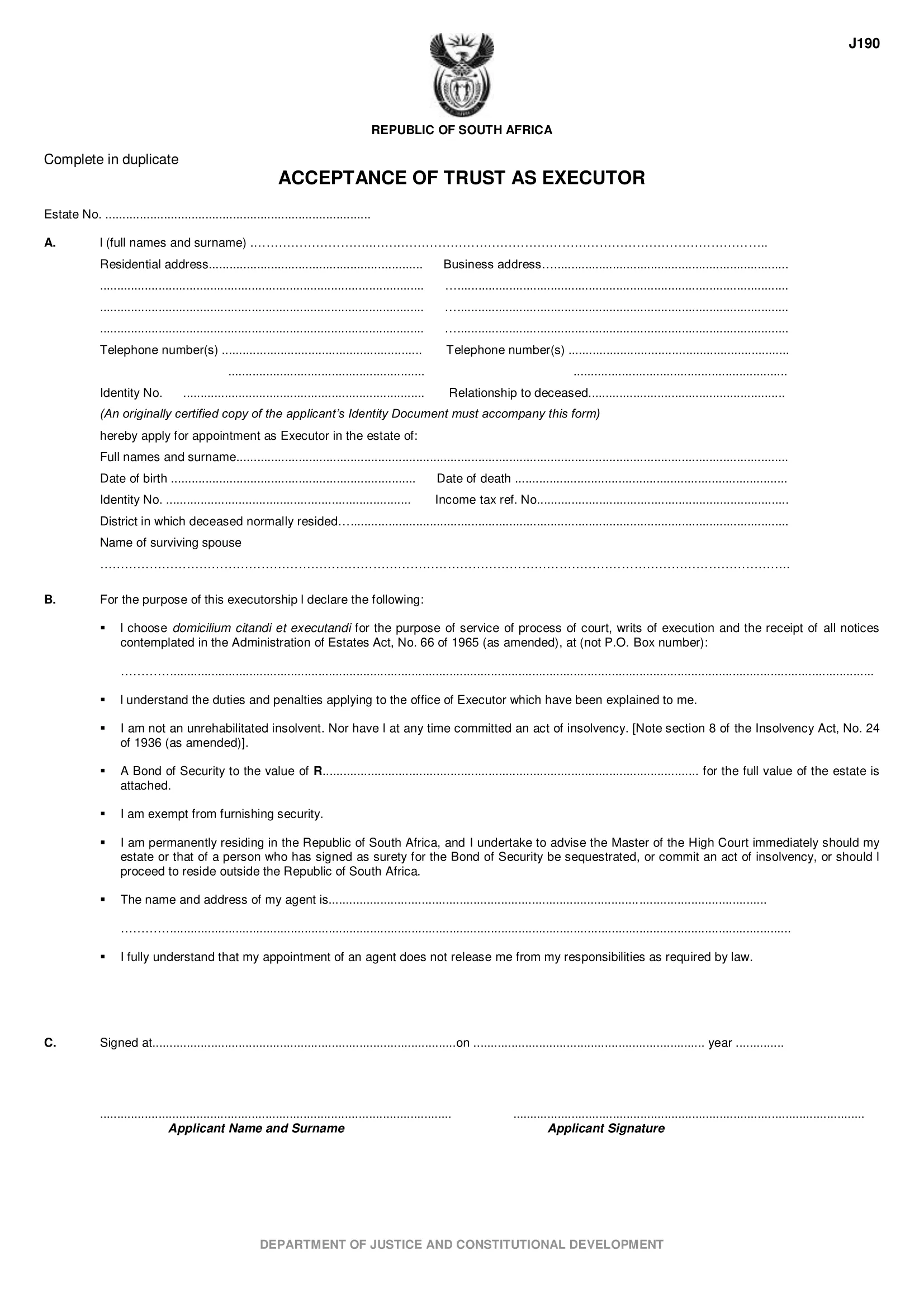 J190 form, Acceptance of Trust as executor