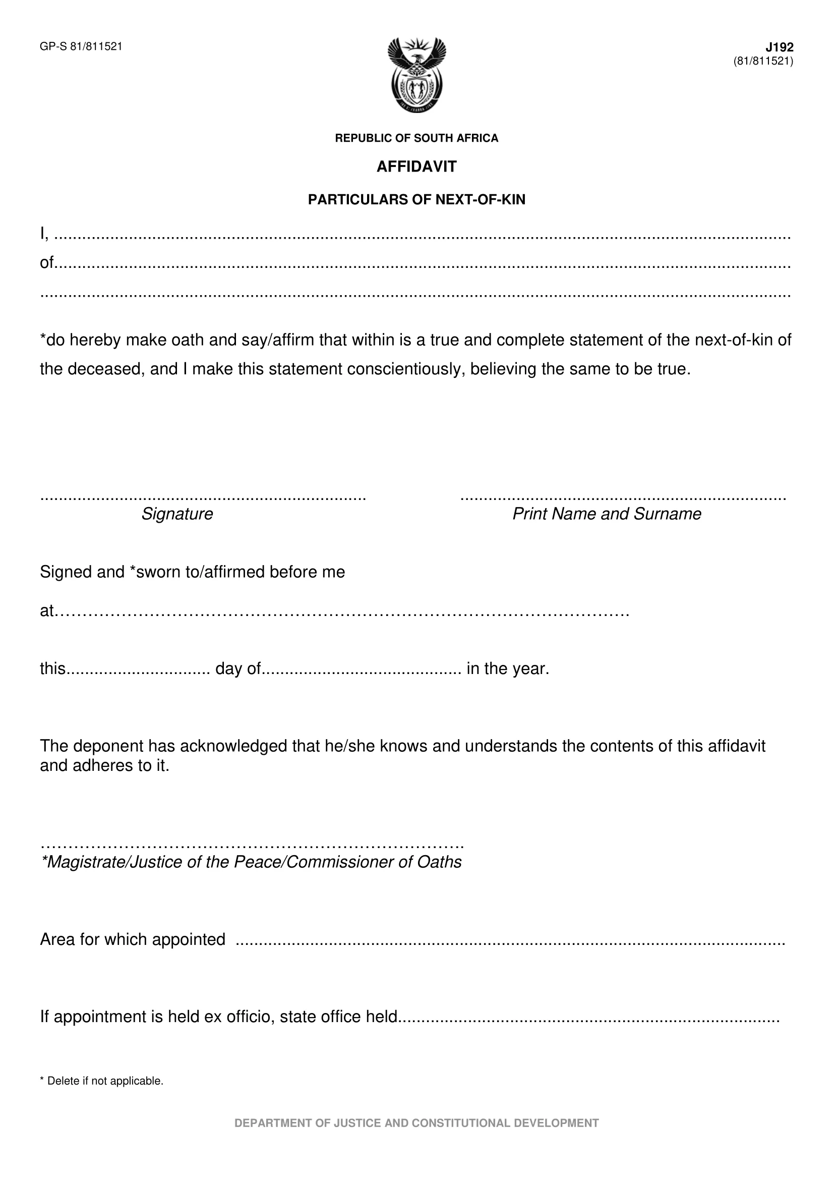 Cover page of form J192 - the particulars of next of kin affidavit