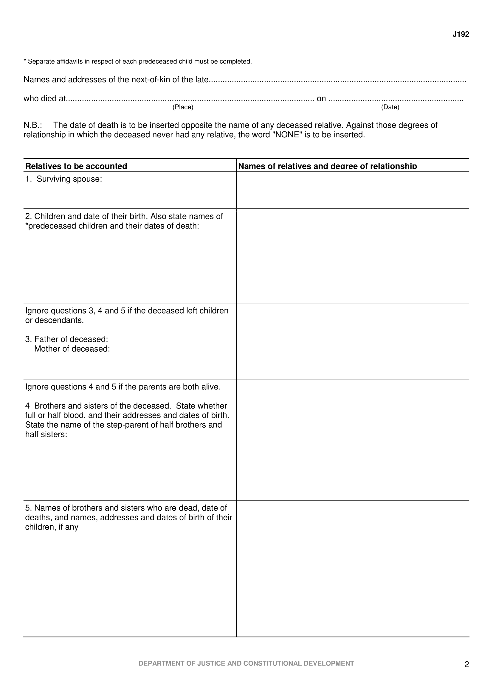 Second page of form J192 - the particulars of next of kin affidavit