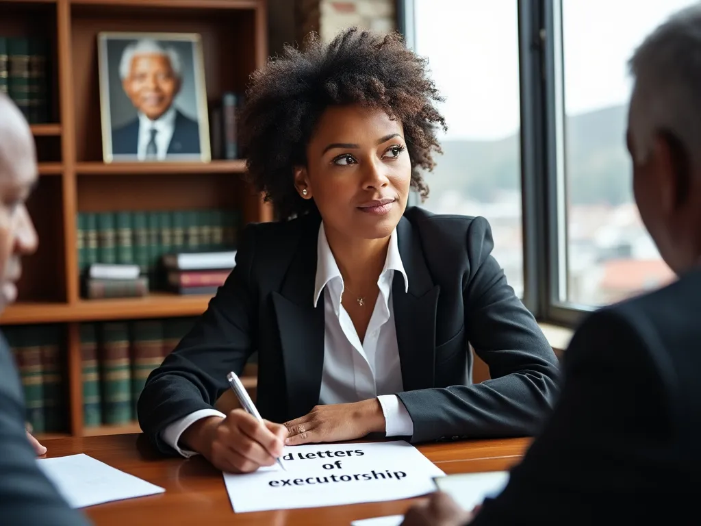 Deceased estate administrator meeting with the executors, letters of executorship on the table