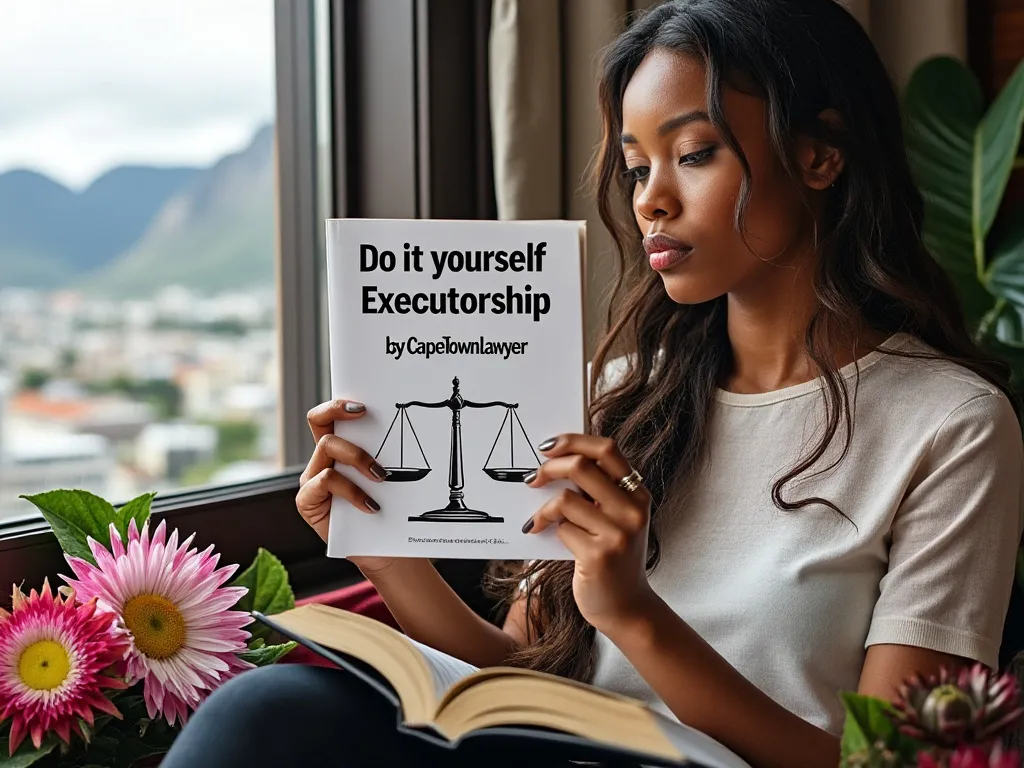 Person reading a book called Do It Yourself Executorship by Cape Town Lawyer, with scales of justice on the cover