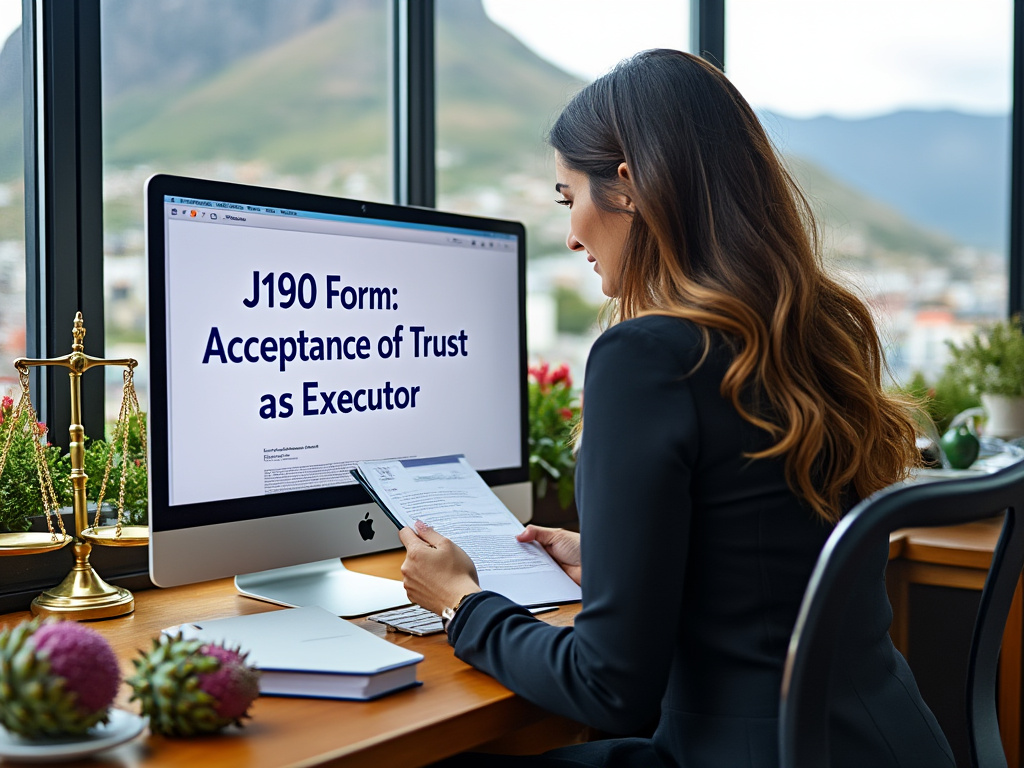 Legal person at computer which says J190 Form - Acceptance of Trust as Executor