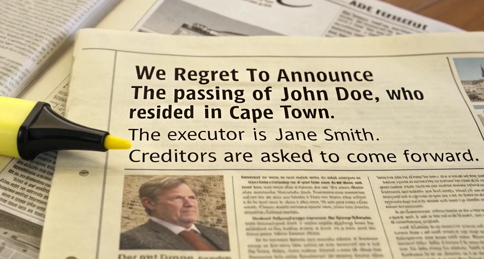 Deceased estate advert in the newspaper calling for creditors to come forward