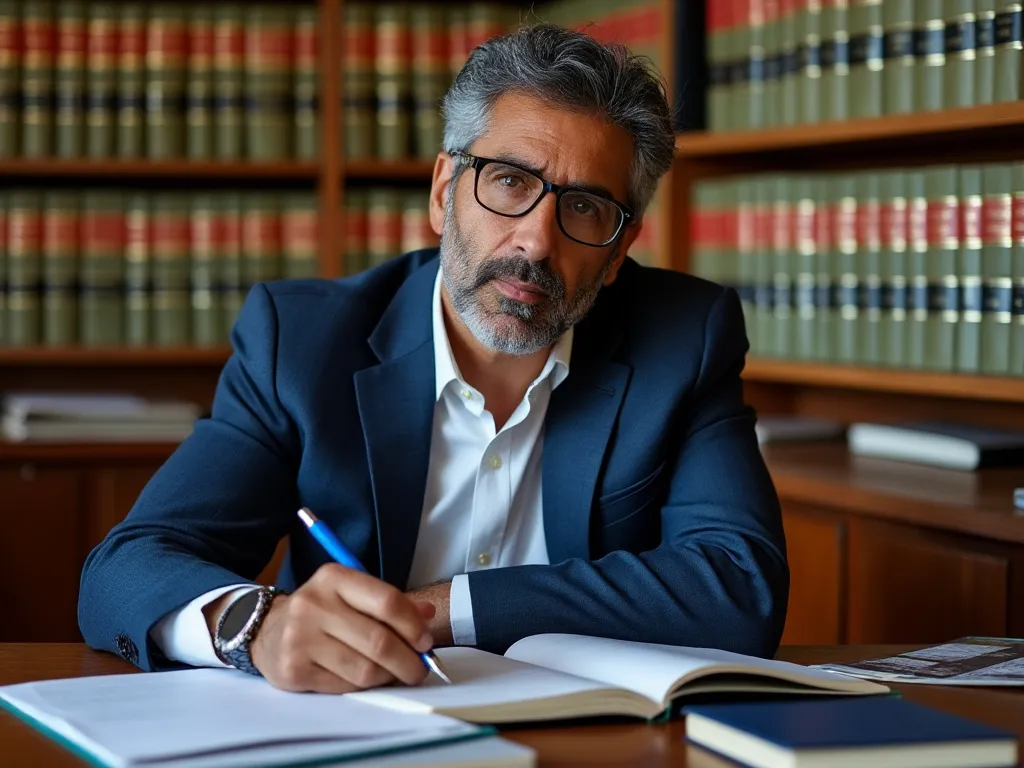 Lawyer taking down the last will and testament of a client, sitting in legal library.