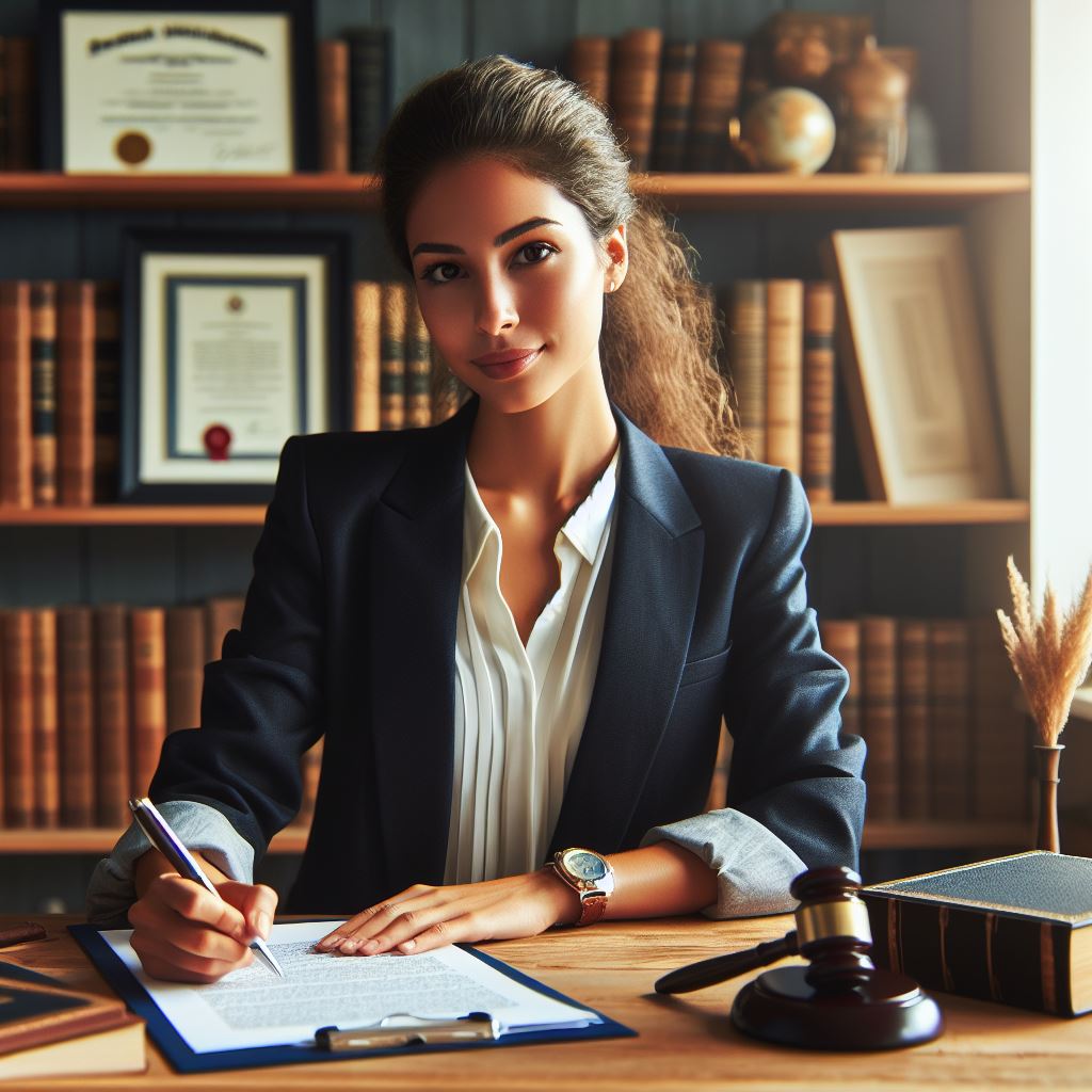 Lawyer drafting a will on a desk, with her certification in the background