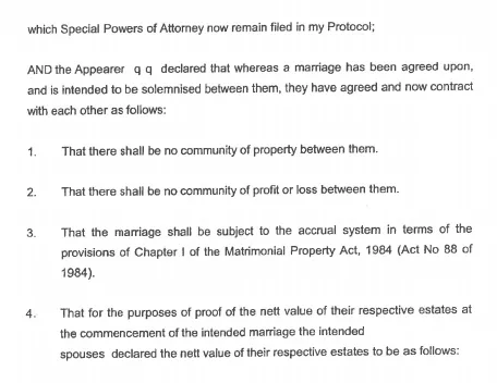 Wording in an antenuptial contract referring to the Matrimonial Property Act