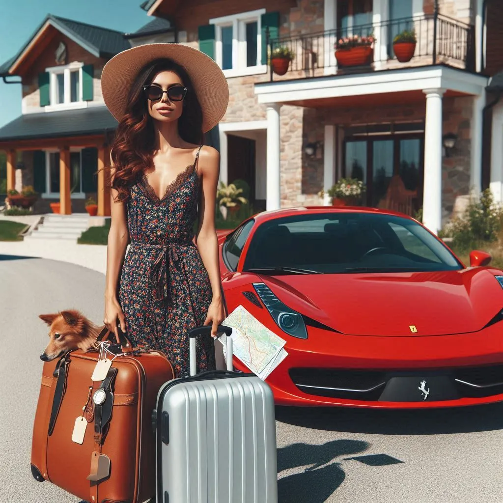 Lady with packed bags and leaving home with car