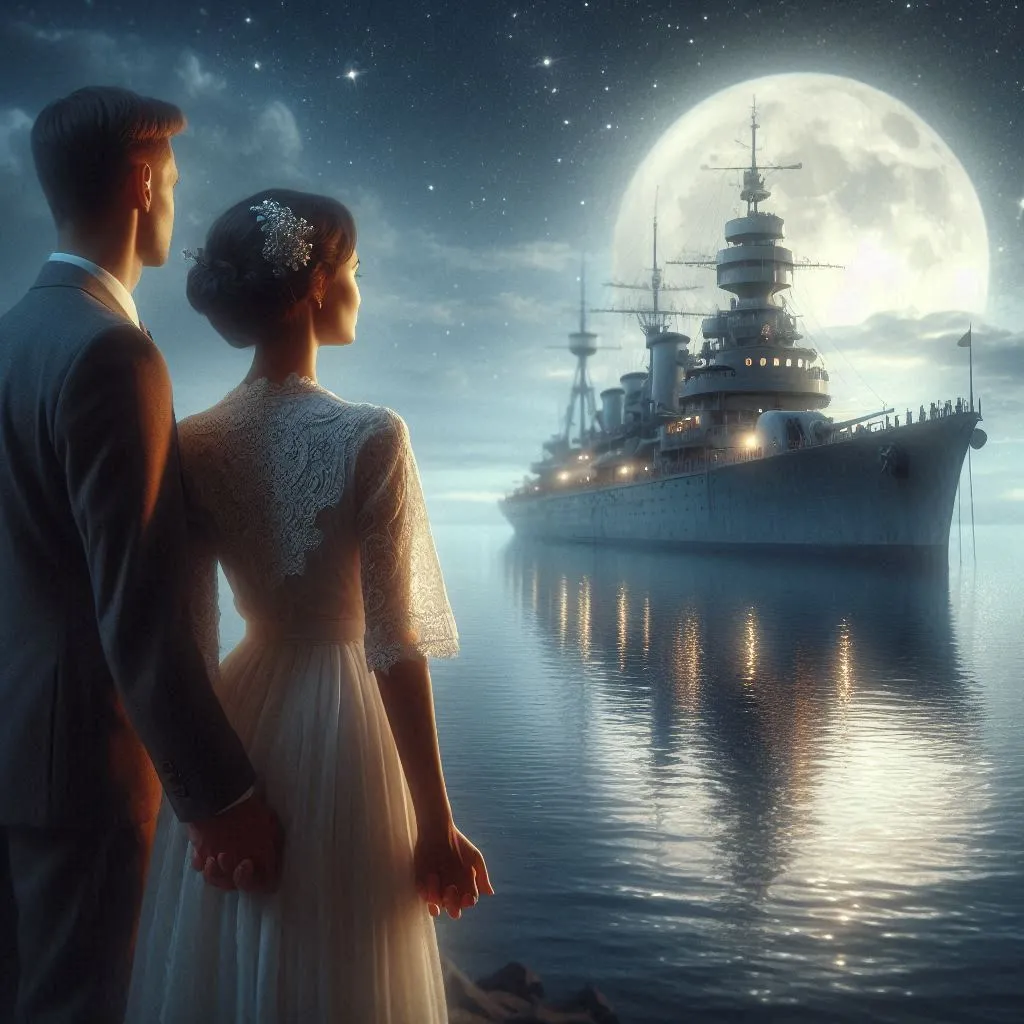 Couple watch a naval boat