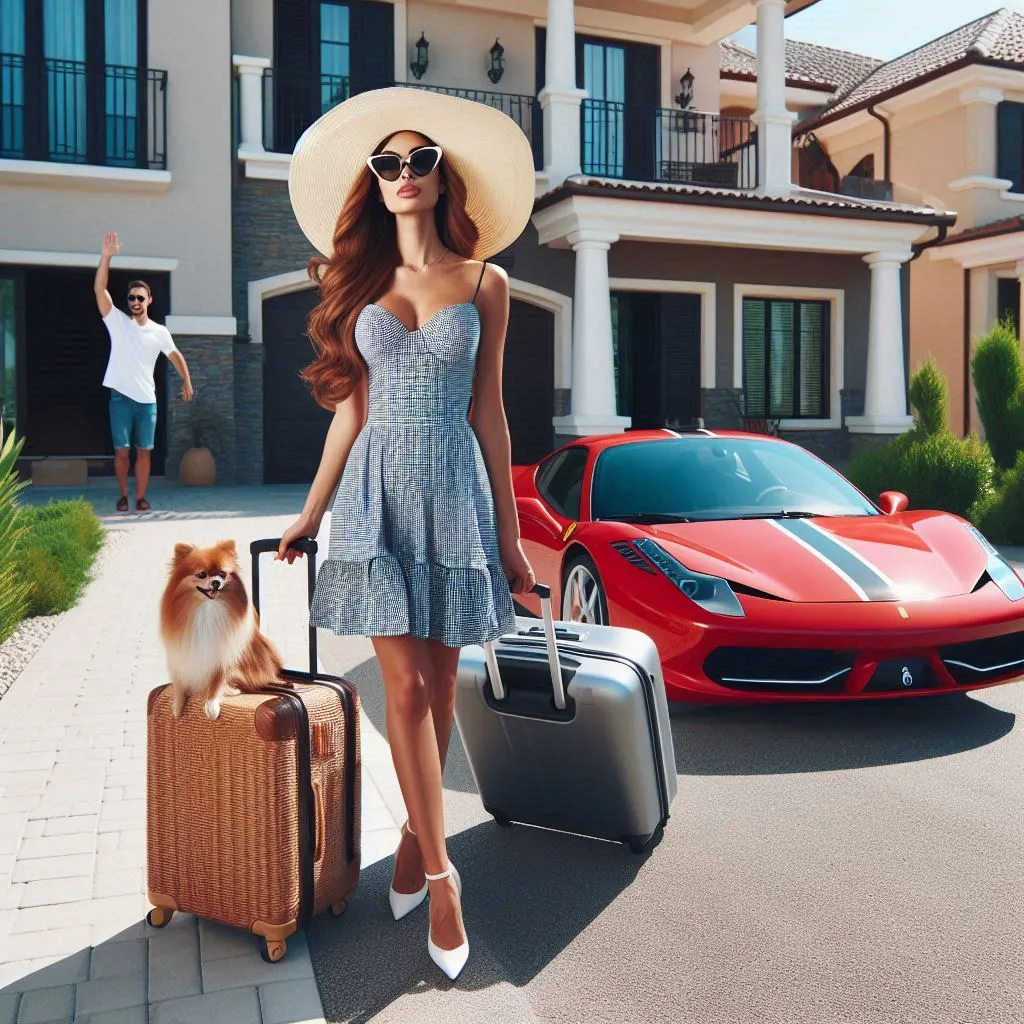 Wife leaving home with luggage and Ferarri