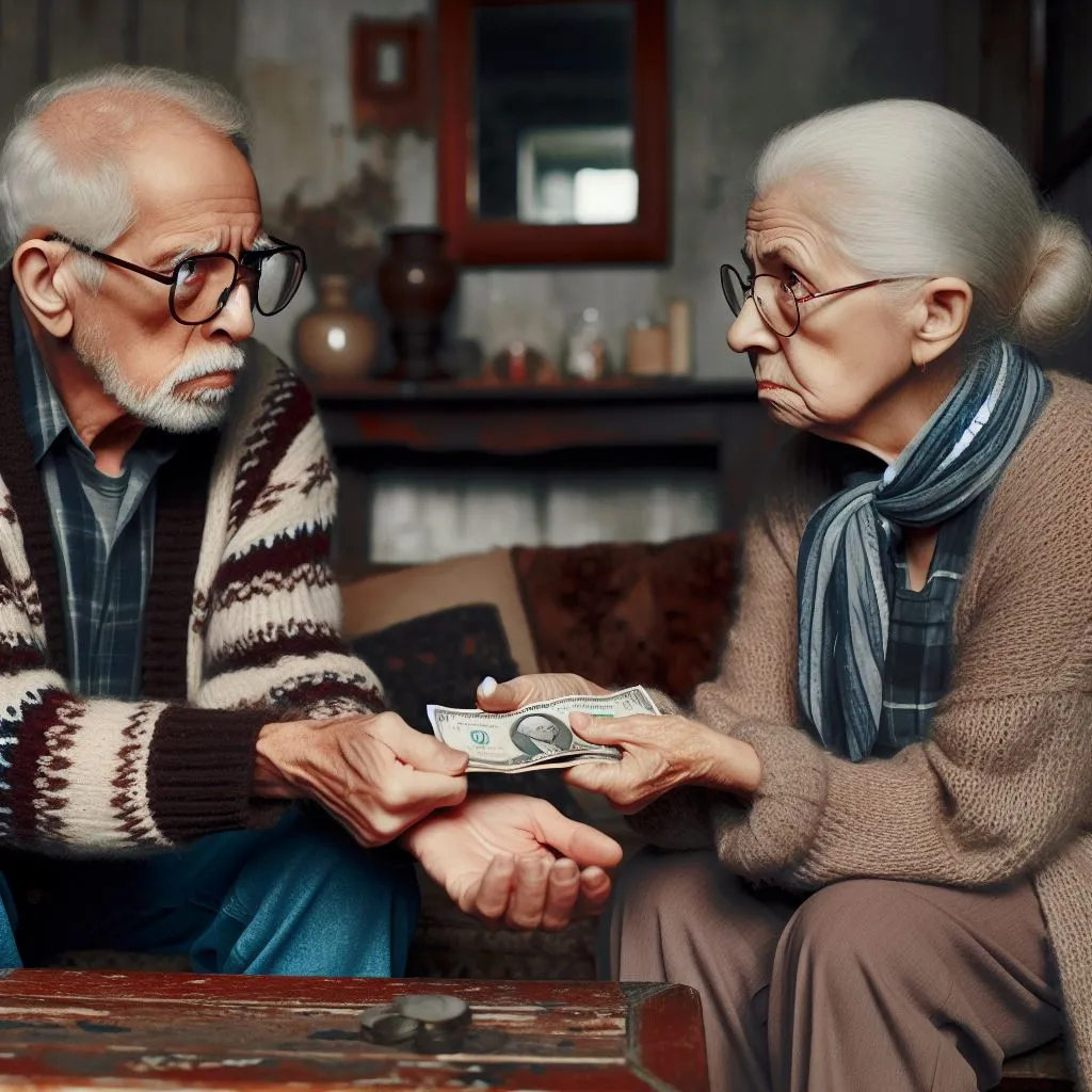 Pensioner husband and wife tugging at a bank note, symbolising the attempt to gain the assets during a divorce.
