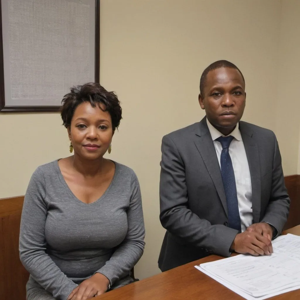 Man in suit with lady at a desk and papers