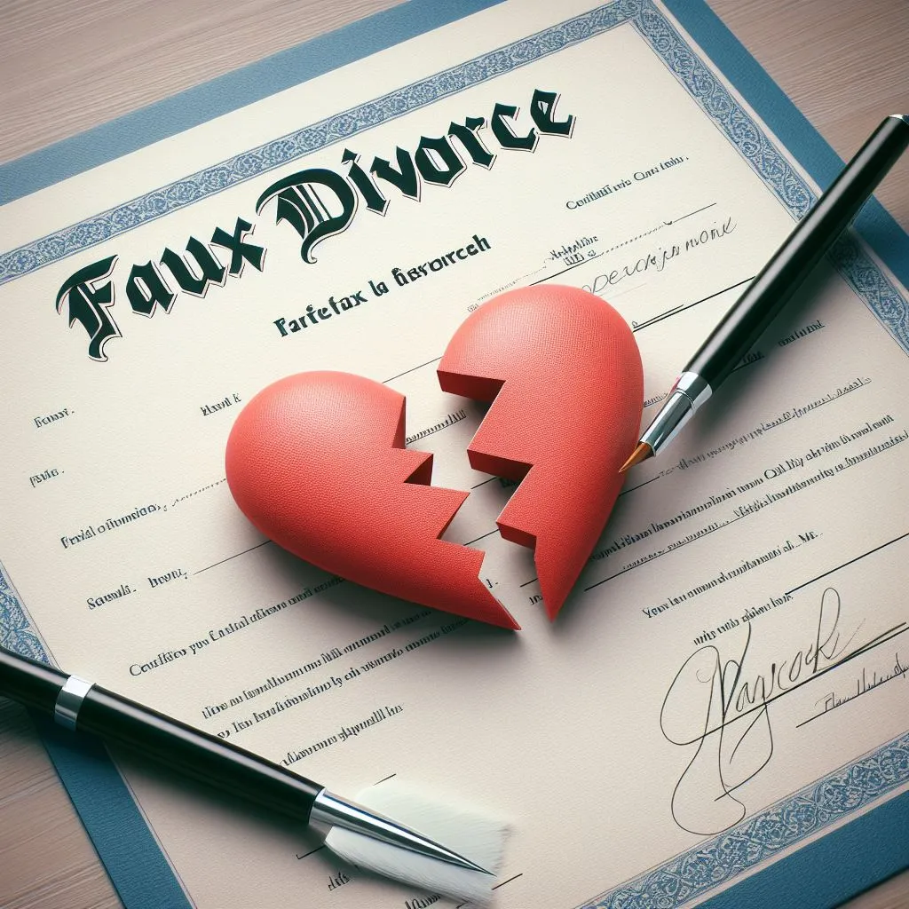 Certificate with 'Faux Divorce' written on it, and a broken heart