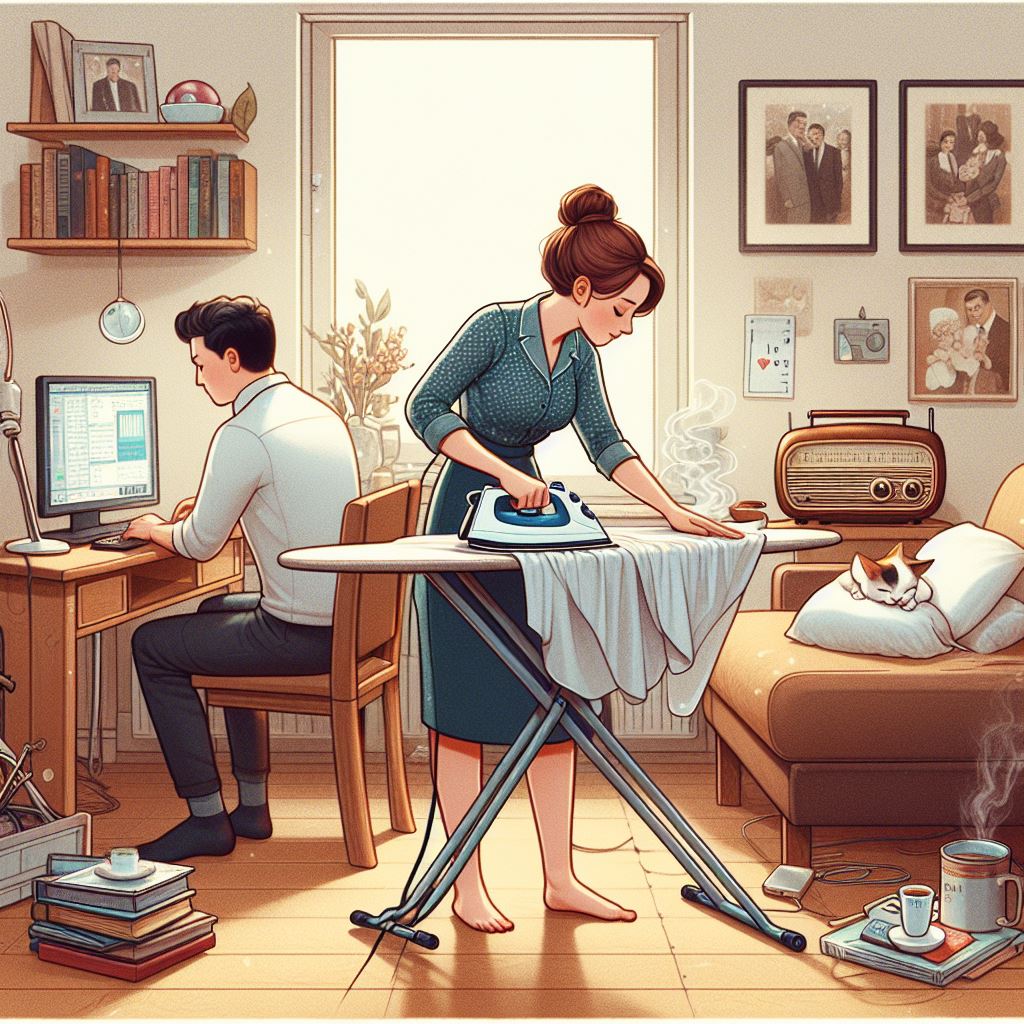 Husband working on computer and wife ironing