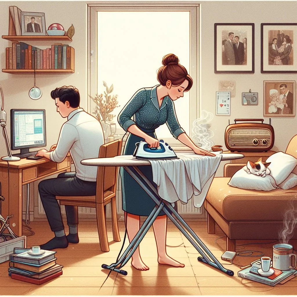 Husband working on computer and wife ironing