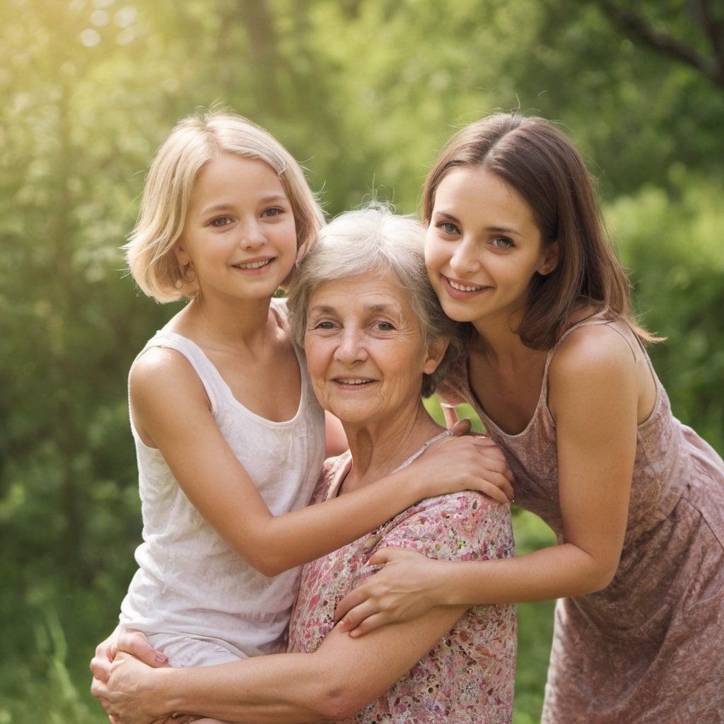 Grandmother with 2 granddaughters outside