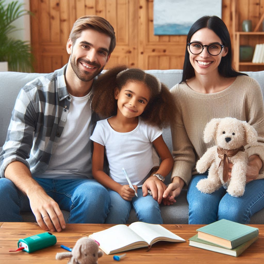 Parents sitting on a couch with their adopted daughter