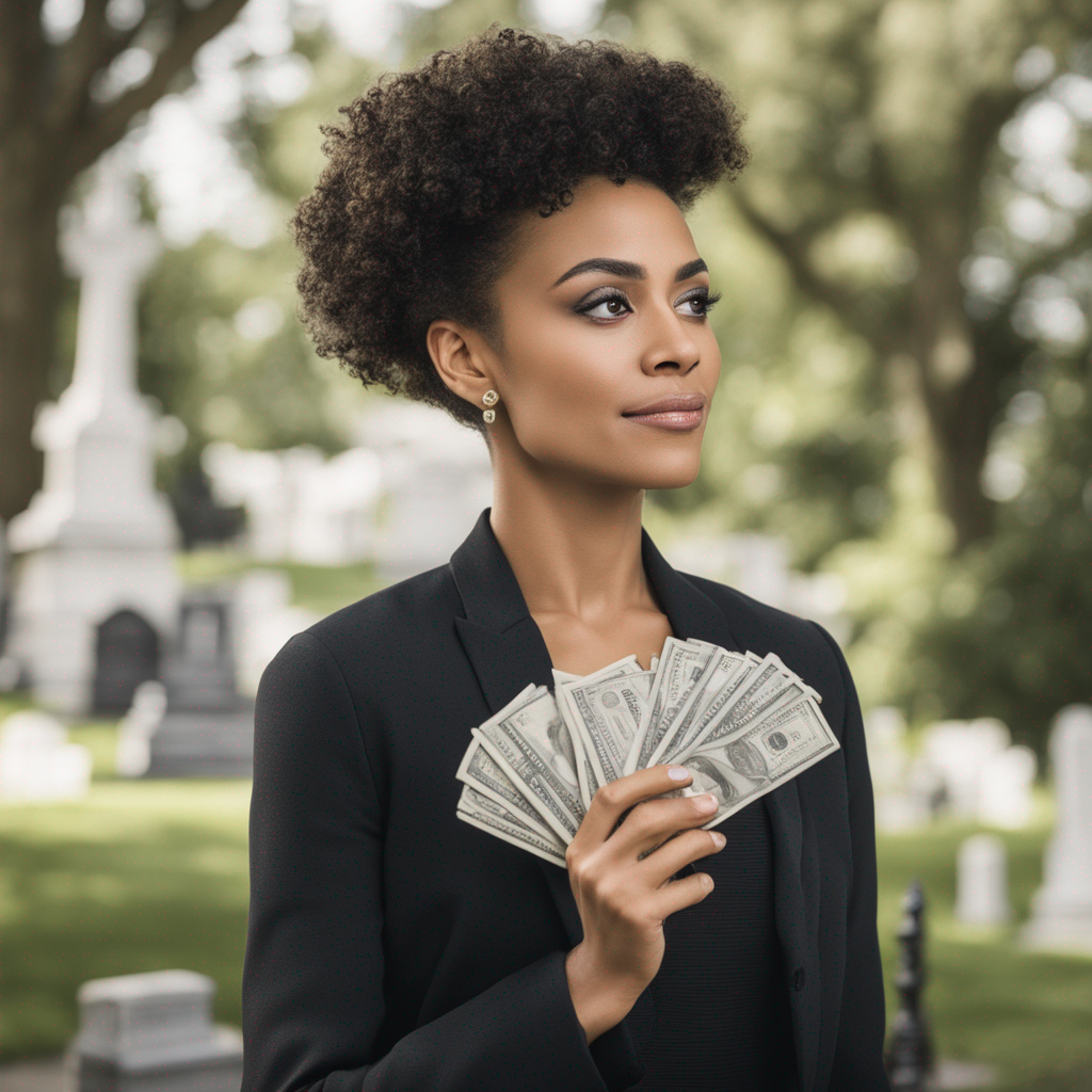 Widow with a handful of cash standing at the graveyard