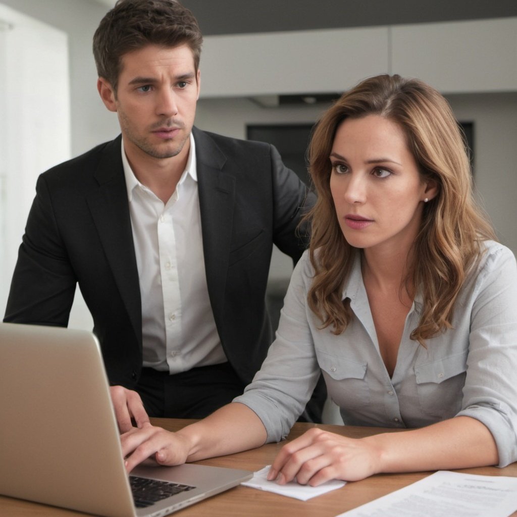Man and woman in front of a computer, working together and looking anxious