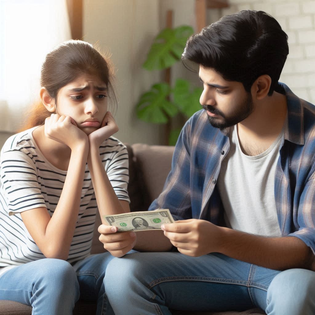 Father giviing daughter one note of money