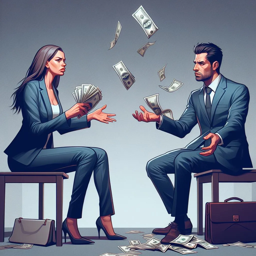 Wife holding money notes like cards with more money floating above husband