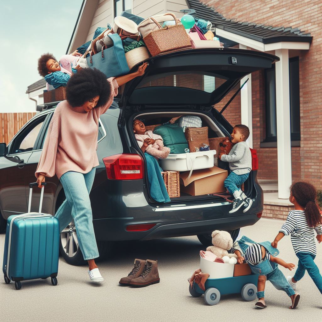 Mother packing her car with suitcases and children, to leave home