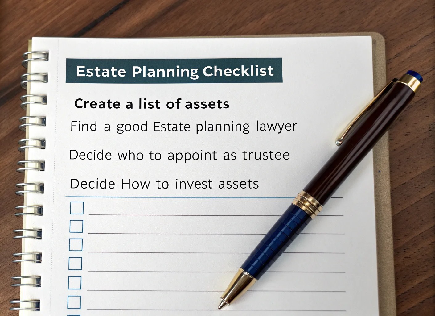 Estate Planning Checklist - create a list of assets, find a good estate planning lawyer, decide who to appoint as trustee, decide how to invest assets