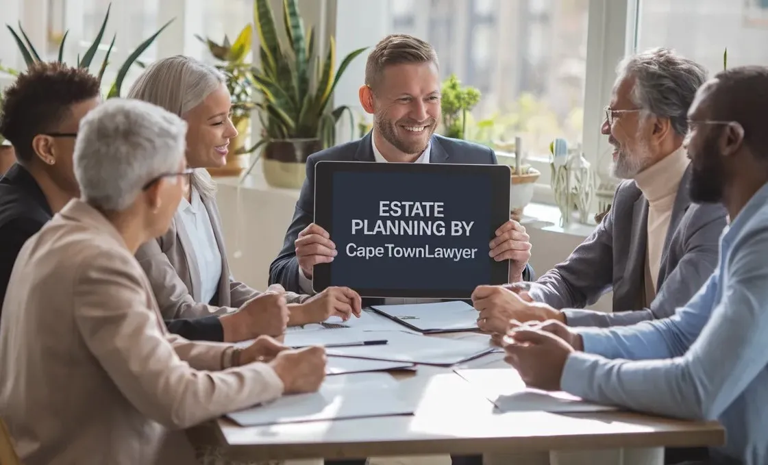 Group of people at a table withe one holding a sign - ESTATE PLANNING by CapeTownLawyer