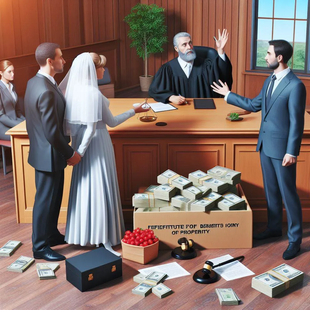 Wife in bridal outfit in court with husband and a pile of money between them