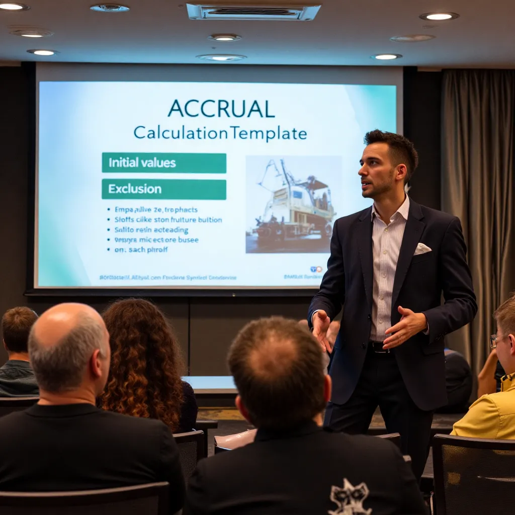 Lawyer presenting on an ACCRUAL calculation template, initial values and exclusions