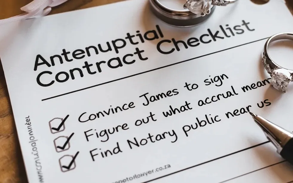 Antenuptial contract checklist - convince James to sign, figure out what accrual means, find notary public near us