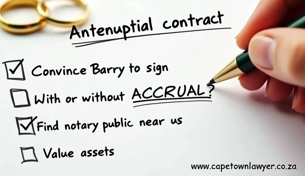 Handwritten note with rings lying on it. Heading Antenuptial Contract. Checlist - Convince partner to sign, with or without accrual, find notary public near us, value assets