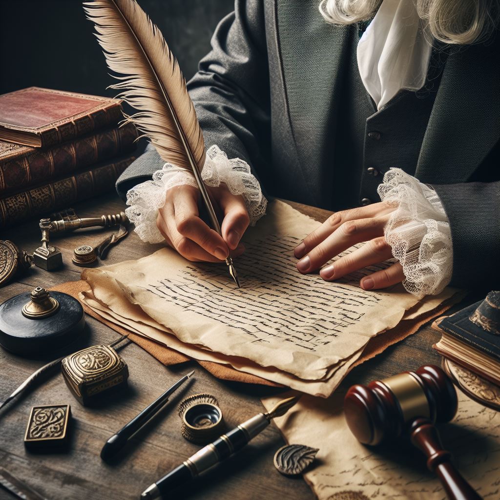 Lawyer drafting document with old quill pen