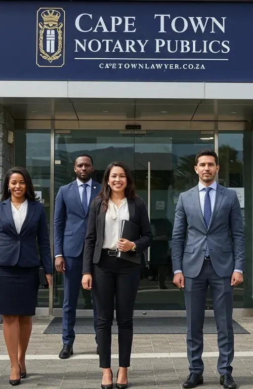 4 notaries standing under a sign saying - CAPE TOWN NOTARY PUBLICS