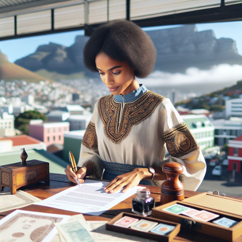 Notary Public signing document withe Table Mountain in the background