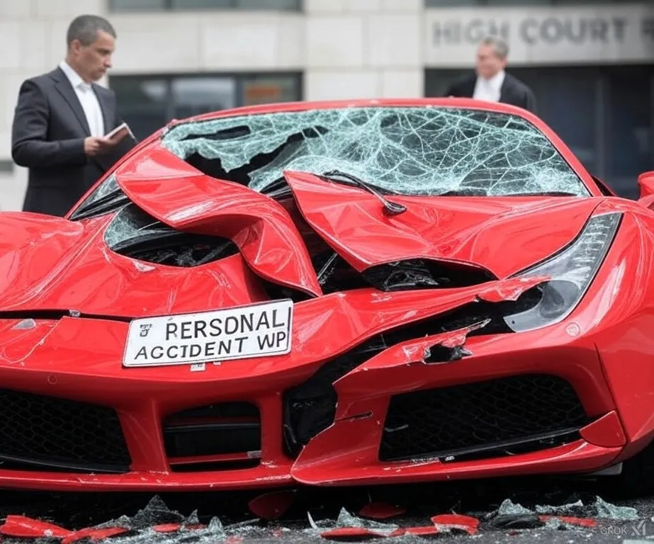 Wrecked Ferrari in front of High Court building with a lawyer inspecting the damage, number plate of car is PERSONAL ACCIDENT WP