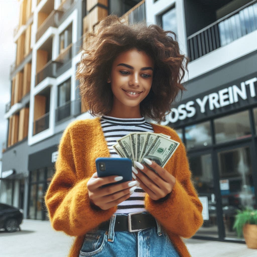 Lady holds money and calculator next to property
