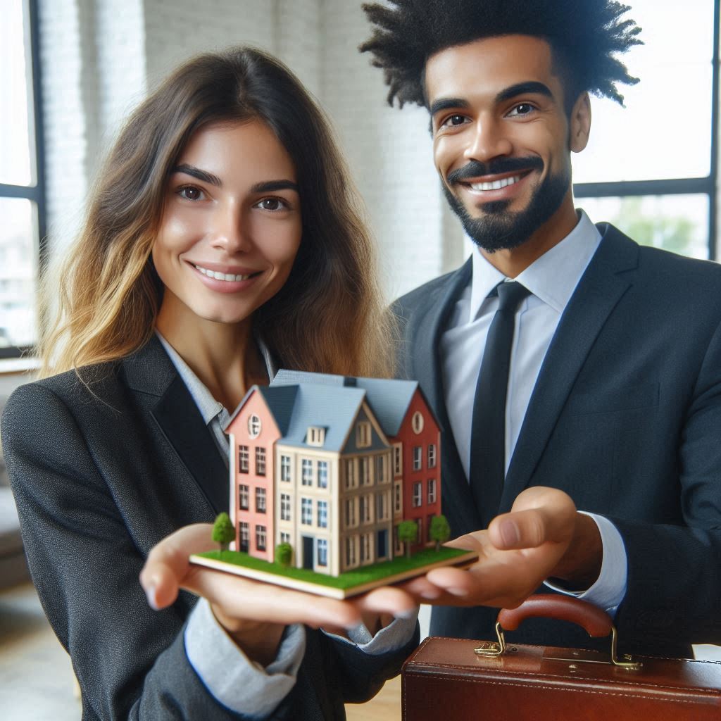 Lady and man in suits handing a property over