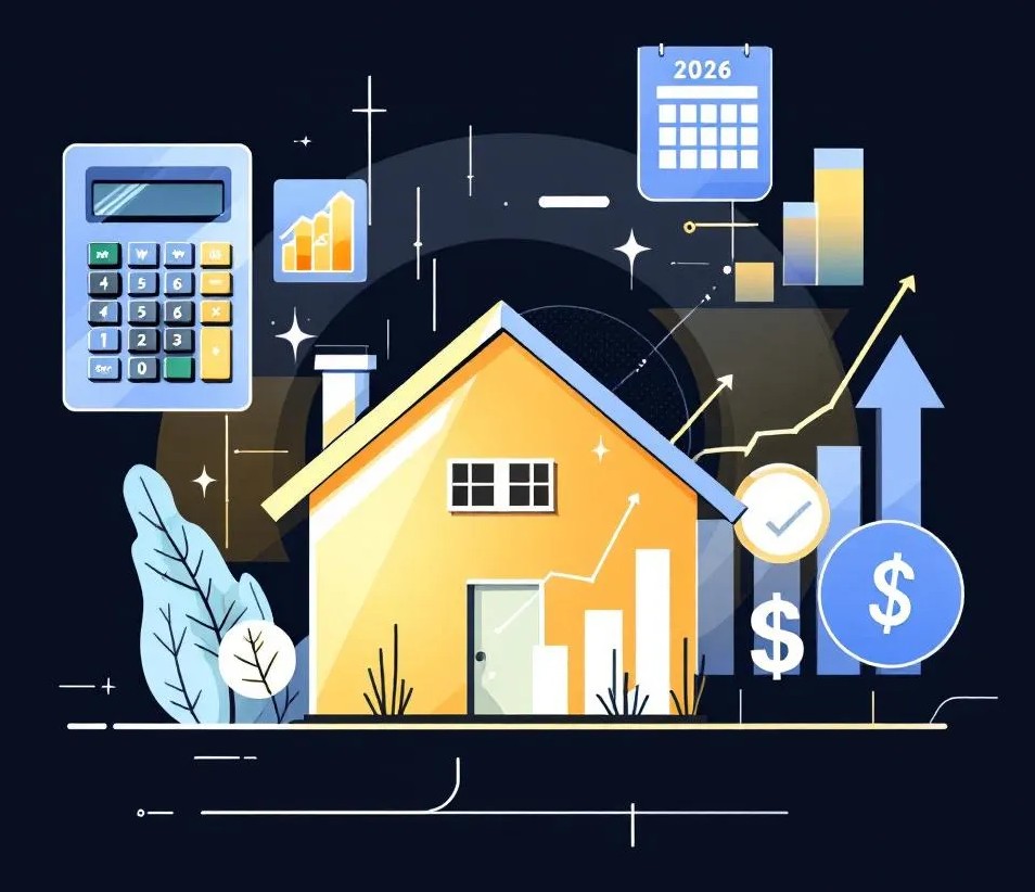 Drawing of a house with a calculator and 2026 calendar and dollar signs