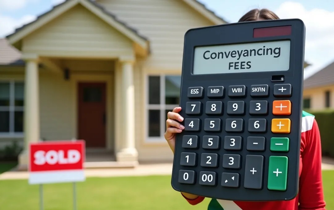 Conveyancing fees calculator held by somebody in front of a house with a sold sign