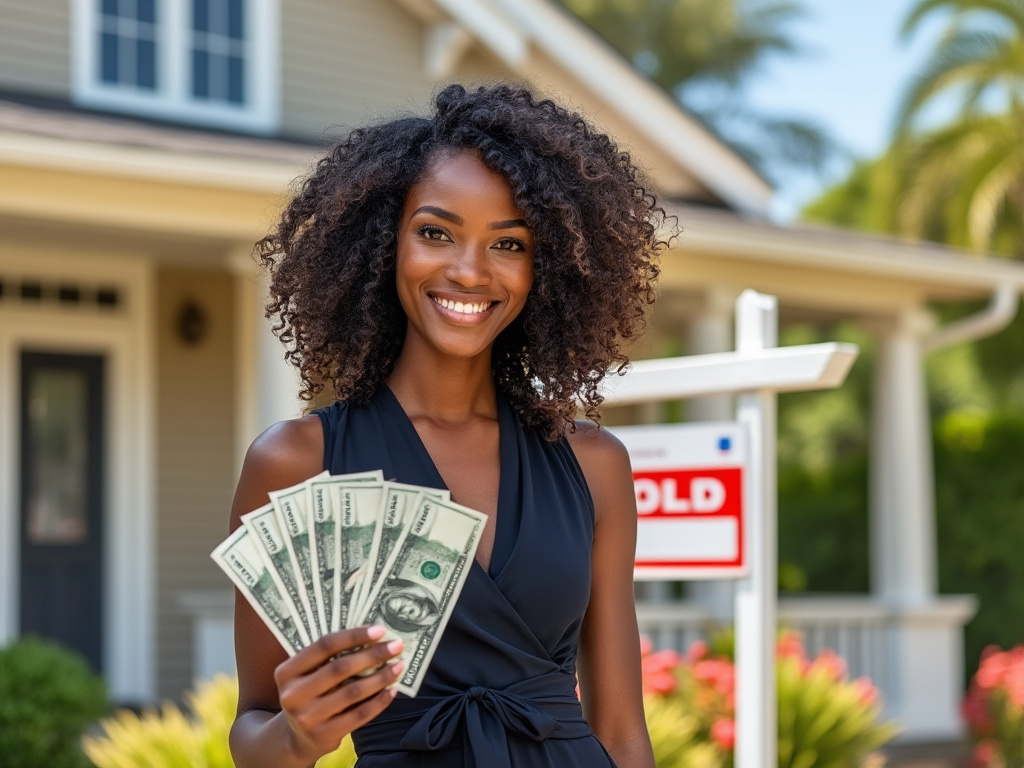 Property seller holding money in front of house with sold sign