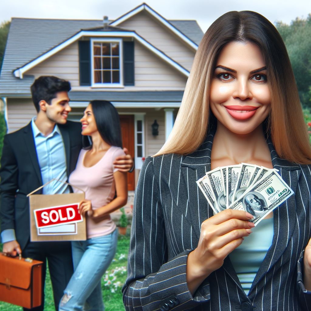 Conveyancing lawyer holding money symbolising the property transfer costs, standing in front of a house with a sold sign and a couple celebrating the purchase of their house.