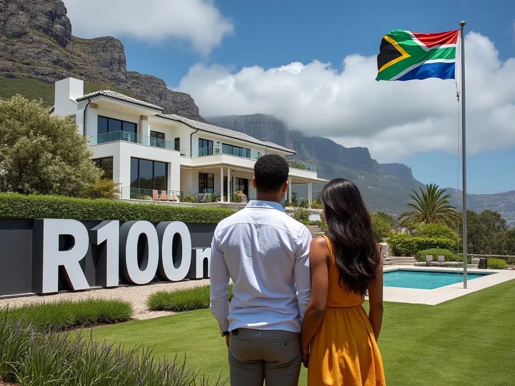 Mansion with price of R100 million written on it symbolising the value of the prroperty. South Afrrican flag and 12 Apostles mountain range in the background.