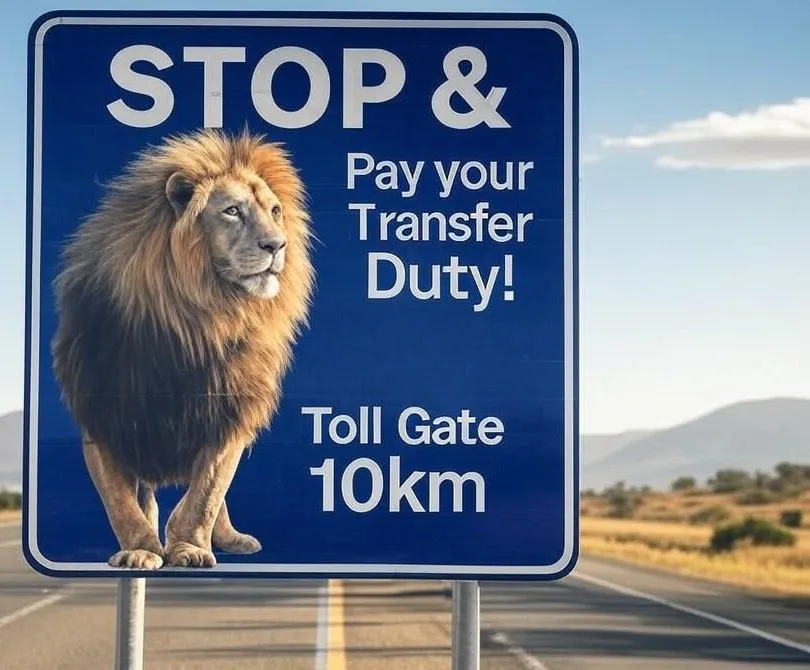 Lion quizzically reading a road sign saying to stop and pay transfer duty, toll gate in 10km